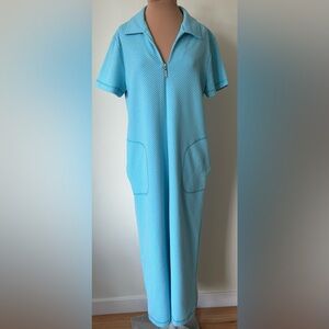 Diamond Vintage Tea Blue Long Zip Short Sleeve Pockets House Dress Robe EUC Sz M